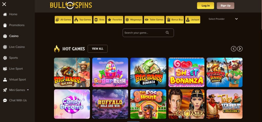 Discover BullSpins Casino games page