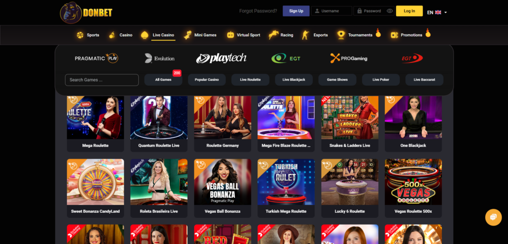 Explore Donbet Casino live games page