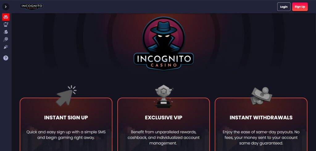 Explore Incognito Casino homepage