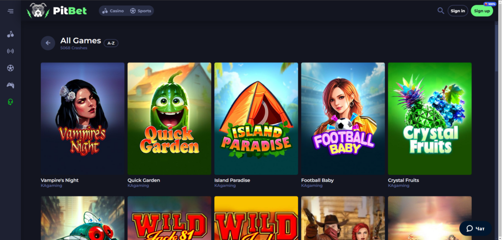 Explore PitBet Casino games page