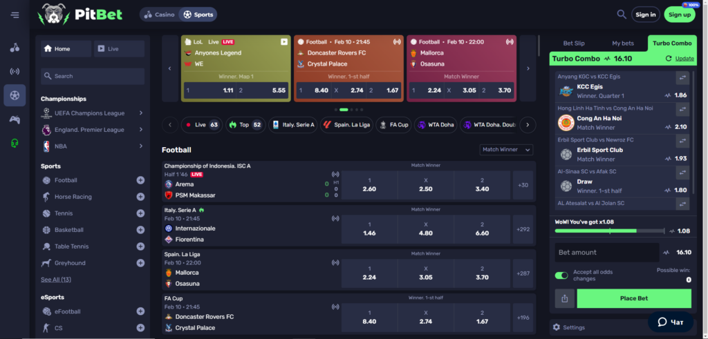Explore PitBet Casino sports page
