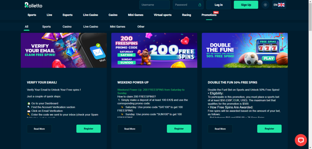 Explore Rolleto Casino promotions page