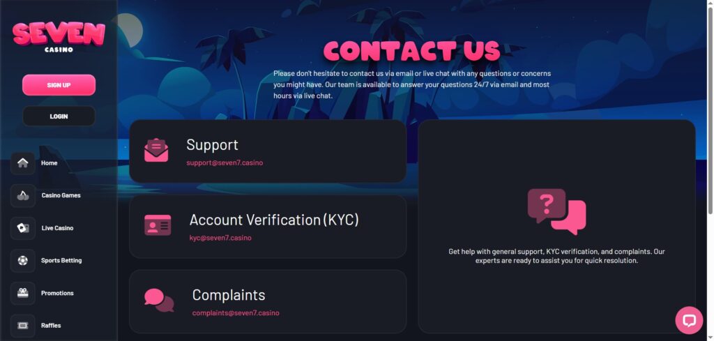 Discover Seven Casino supports page