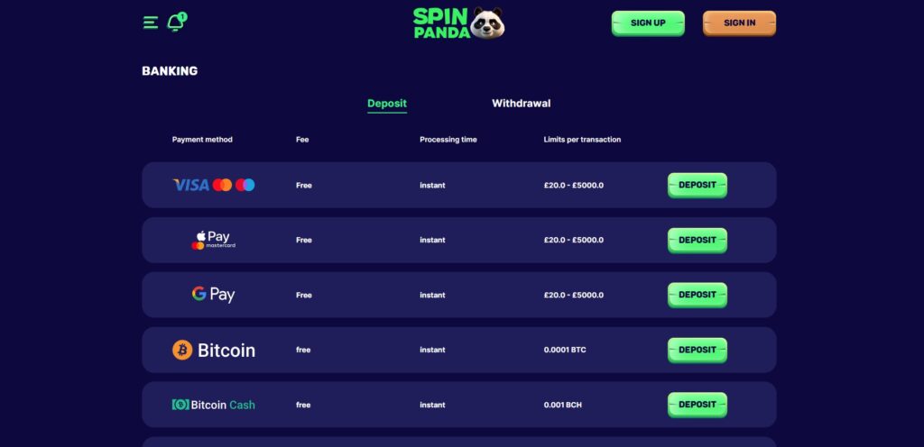 Learn Spin Panda Casino payments page
