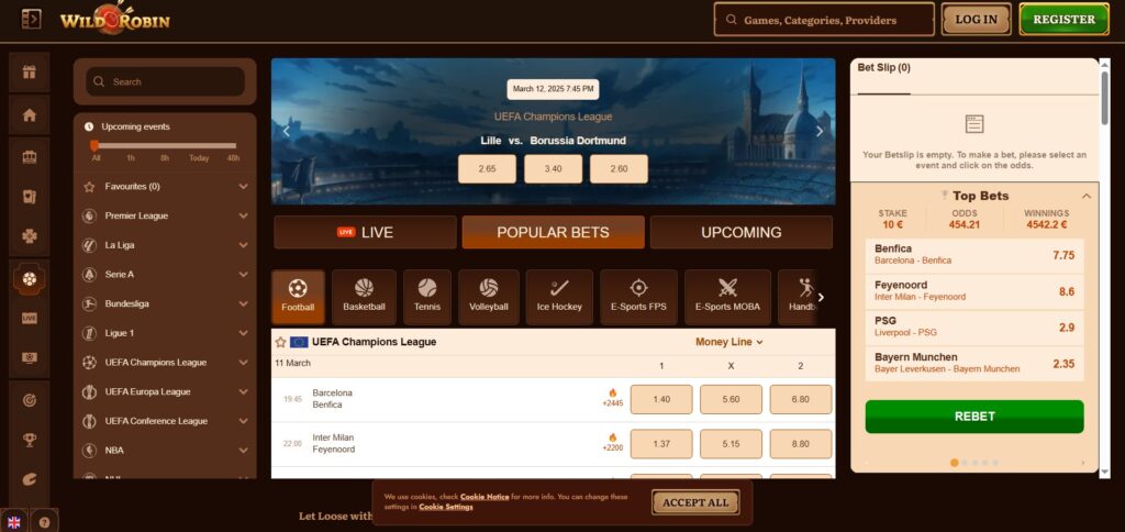 Explore Wild Robin Casino betting page