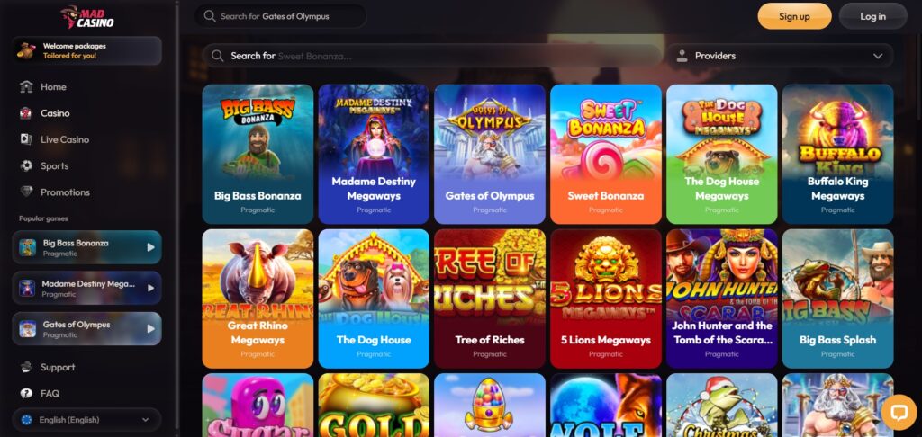 Explore Mad Casino games page