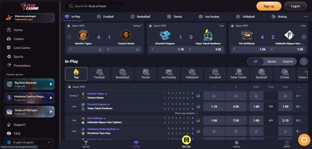 Discover Mad Casino live sports page