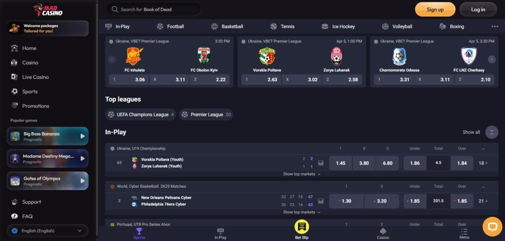 Discover Mad Casino sports page